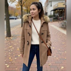 Cole Haan Women's Tan Coat with Faux Fur Hood